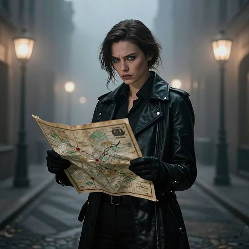 Photograph-style digital artwork of a serious, dark-haired woman in a black leather jacket and gloves, holding a map in a foggy, lamp-l