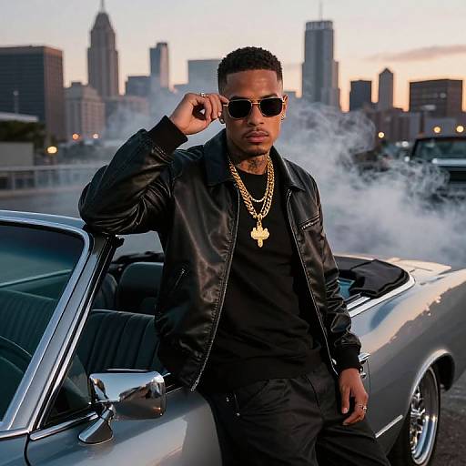 Photograph of a cool, black man in sunglasses, gold chain, black leather jacket, leaning on a smoking classic car, city skyline background at sunset