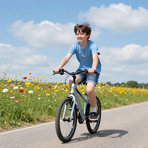 Photograph of a smiling boy with short brown hair, wearing a light blue shirt and dark shorts, riding a black bicycle on a sunny, flower-filled