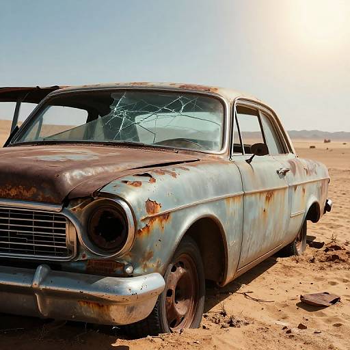Rusty, abandoned car with shattered windshield in a desert, under bright sunlight, showing worn, peeling paint and rusted metal. Photograph.