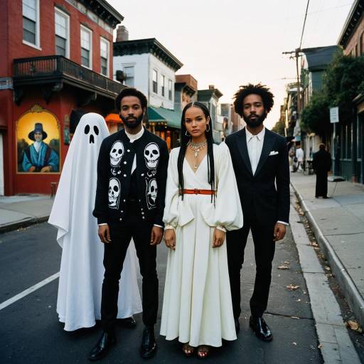 Diverse Group in Stylish Halloween and Formal Attire on Urban Street