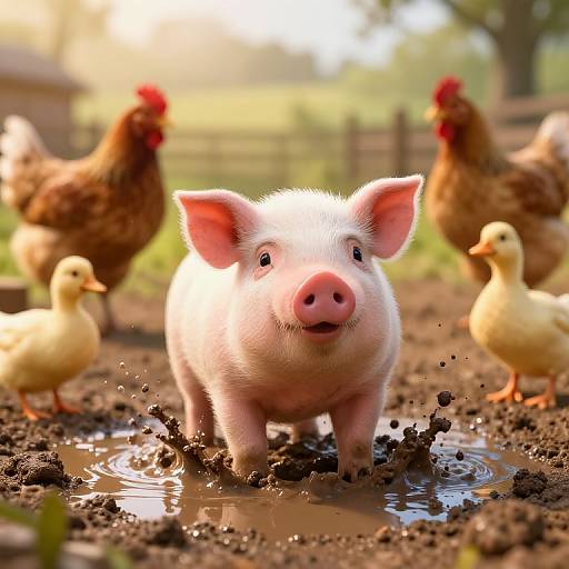 Photograph of a cute, pink piglet splashing in muddy water, surrounded by chickens and ducks in a sunny farmyard.