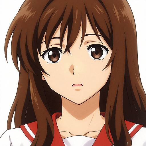Digital anime-style portrait of a young girl with long brown hair, large brown eyes, and a red and white school uniform.