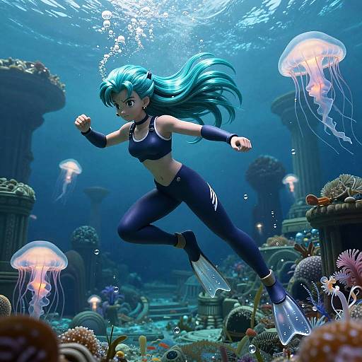 Digital anime-style artwork of a blue-haired mermaid-like woman with fins, wearing a sports bra and leggings, swimming underwater among glowing jellyfish and coral