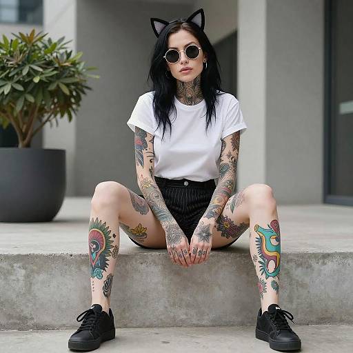Tattooed Woman Sitting on Concrete Ledge