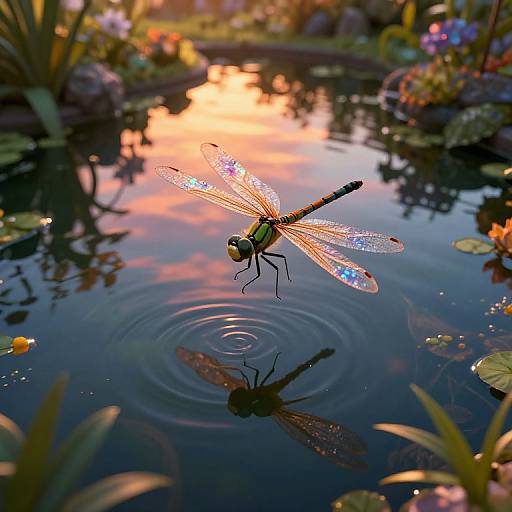 Photograph of a vibrant dragonfly with iridescent wings, hovering above a reflective pond at sunset, creating ripples, surrounded by lily pads