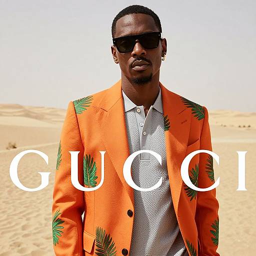 Photograph of a Black man in an orange pineapple-patterned blazer, black sunglasses, and gray shirt, standing in a sandy desert with 