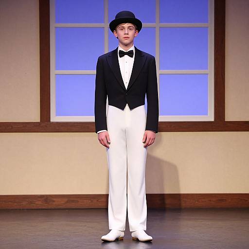 Photograph of a young man in a formal black tuxedo with white pants and bow tie, black top hat, standing in front of a blue
