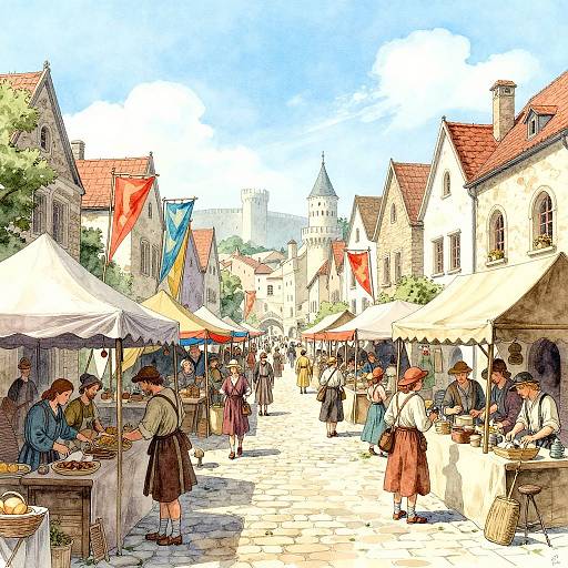 Colorful medieval market scene: bustling street with vendors under white tents, people in period clothing, red-roofed buildings, castle tower in distance,