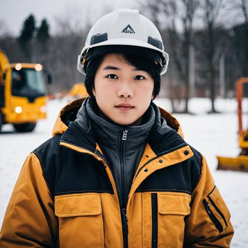 Asian Construction Worker in Winter Jacket and Helmet