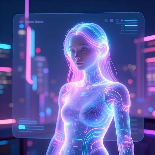Neon-lit digital hologram of a glowing, cybernetic woman with blue and pink lights, standing against a futuristic cityscape. CGI art