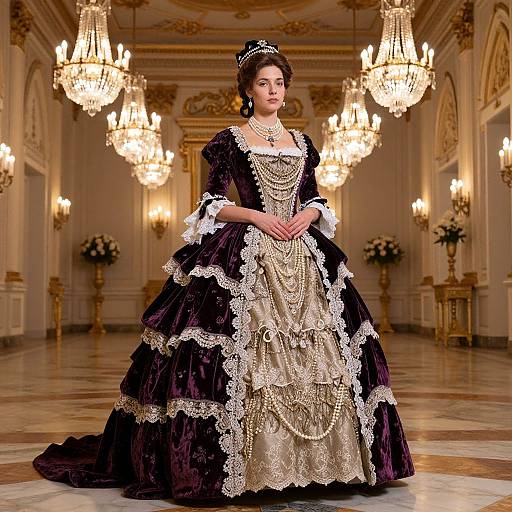 Photograph of a fair-skinned woman in a lavish, black and gold lace gown, standing in a grand, opulent ballroom with chandel
