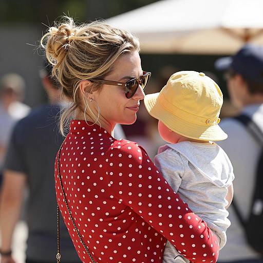 Stylish Woman with Baby in Sunshine