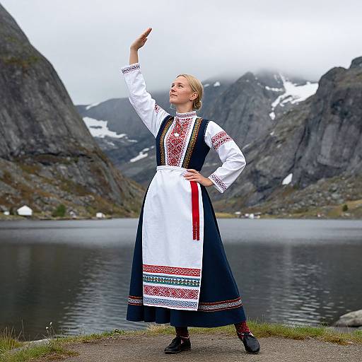 Photograph of a blonde woman in traditional Nordic dress, raising her arm, standing by a mountainous lake with snow-capped peaks.