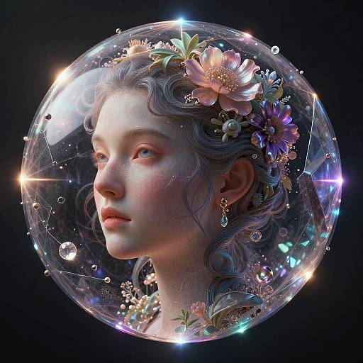 Digital art of a fair-skinned, ethereal woman with flowers in her wavy hair, encased in a glowing, crystal-like sphere against a