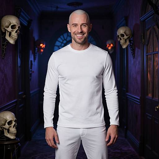 Photograph of a bald, smiling man in white long-sleeve shirt and pants, standing in a dimly lit hallway with skull decorations.