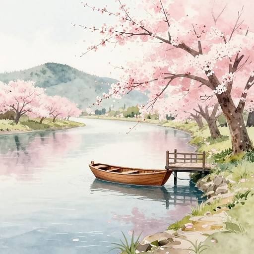 Tranquil Riverside Cherry Blossom Scene