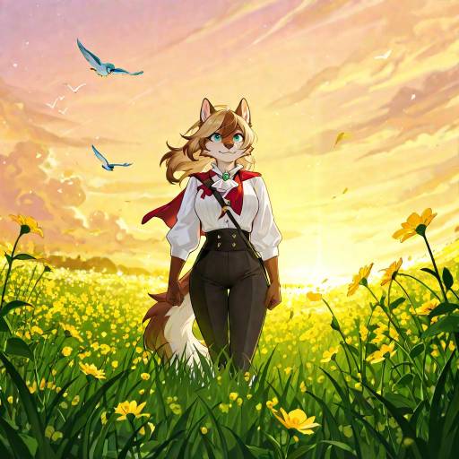 Anthropomorphic Bird in Vibrant Wildflower Meadow