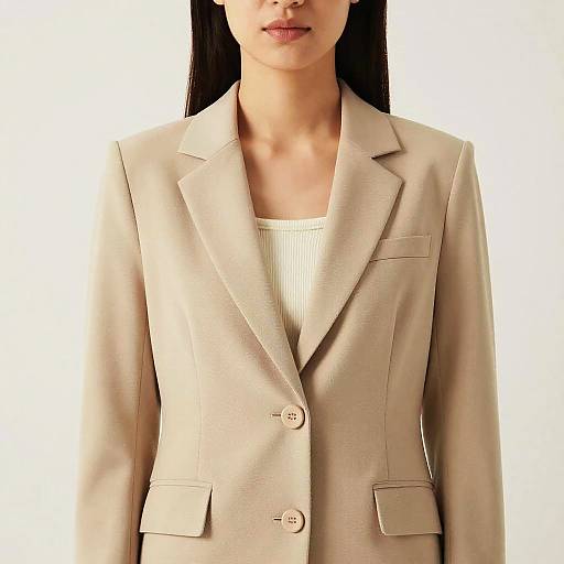 Photograph of an Asian woman with long black hair, wearing a beige blazer over a white ribbed top, against a plain white background.