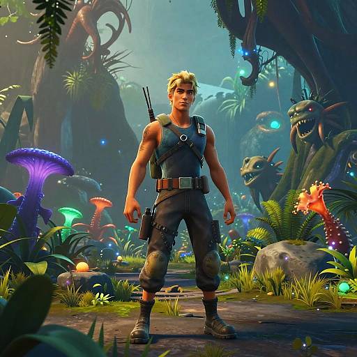 Digital art of a muscular, blond, blue-shirted man with a gun, standing in a vibrant, alien forest with glowing mushrooms and eerie creatures.