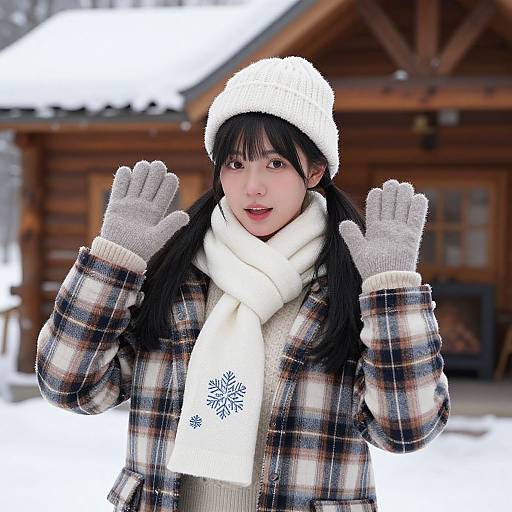 Photograph of a young Asian woman with long black hair, wearing a white knit hat, plaid coat, white scarf, and gray gloves, waving