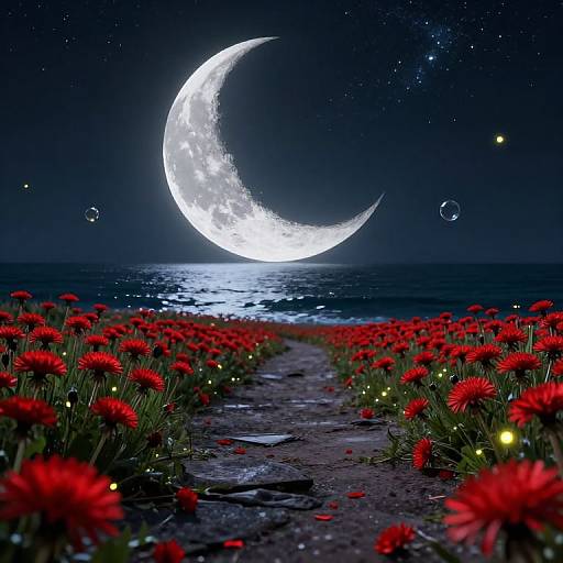 Moonlit Sea with Red Dandelions