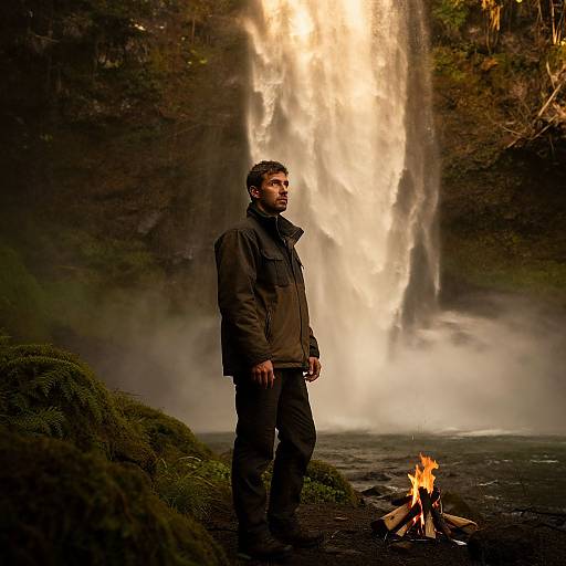 Photograph of a man in a dark jacket standing in front of a roaring waterfall, with a small campfire on mossy ground.
