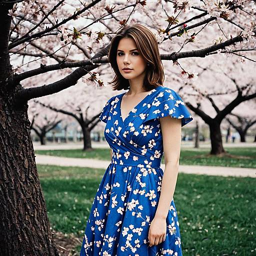 Woman in Blue Floral Dress Among Cherry Blossoms