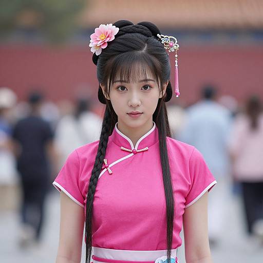 Photograph of an East Asian woman with long black hair in braids, wearing a pink Chinese cheongsam with white trim, floral hairpin,