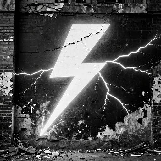 Photograph-style digital art of a bright white lightning bolt crackling against a weathered, cracked brick wall, with jagged lightning bolts radiating from