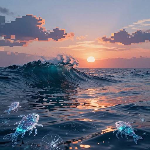 Digital art of a sunset over the ocean with pixelated clouds, glowing blue jellyfish, and a large wave splashing.