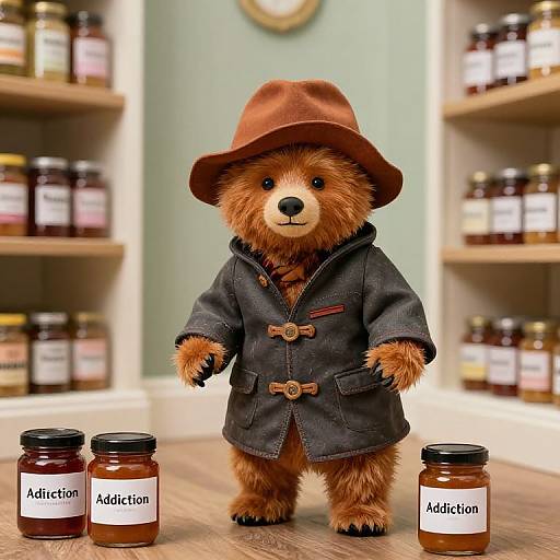 Photograph of a cute, fluffy bear doll in a brown hat and dark coat, standing between two 