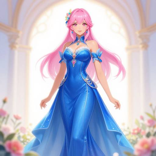 Digital anime-style artwork of a pink-haired woman in a blue, strapless, form-fitting gown with floral accents, standing in a radiant archway