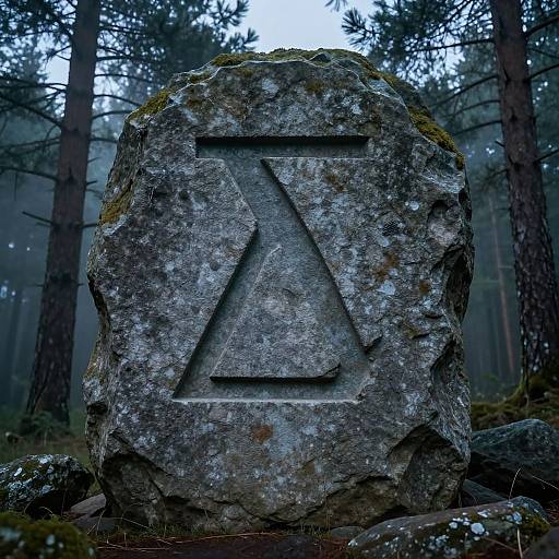 Photograph of a moss-covered, weathered stone slab with a carved triangular arrow symbol, set in a misty, dense forest.