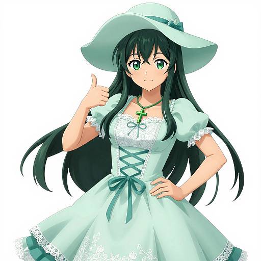 Confident Anime Woman in Mint Green