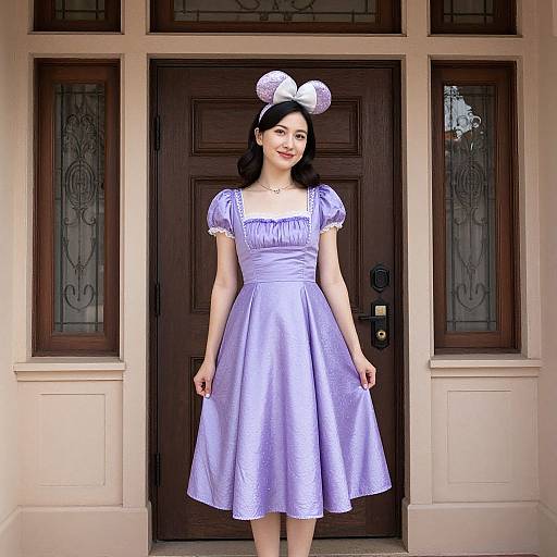 Photograph of a young woman with fair skin and dark hair, wearing a lavender pinstriped poodle skirt dress and white bow headband,