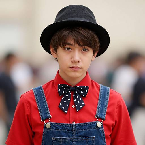 Photograph of a young Asian boy with fair skin, wearing a black bowler hat, red shirt, blue denim overalls, and a black pol