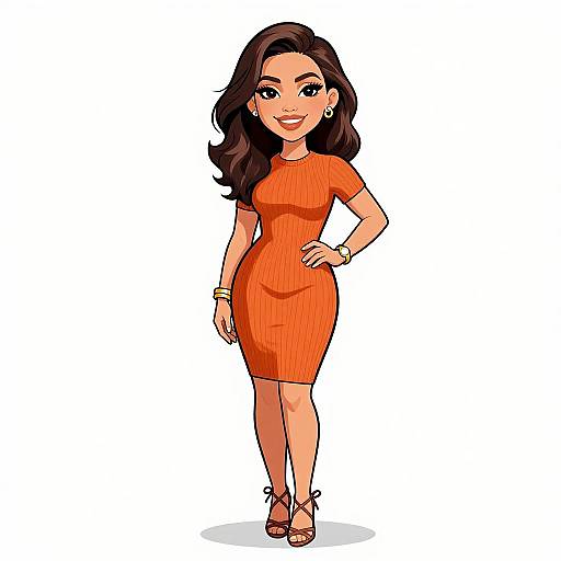 Digital illustration of a confident woman with long dark brown hair, wearing an orange, short-sleeved, form-fitting dress, brown sandals, and
