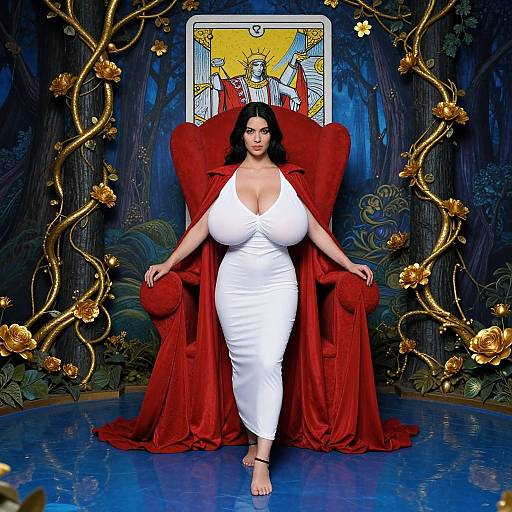 Photograph of a curvy woman with large breasts, wearing a tight white dress and red cape, sitting on a red throne, surrounded by golden vines