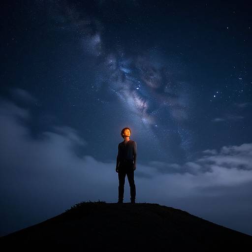 Photograph of a silhouetted man with glowing orange face, standing on a hill, gazing at a vibrant, starry Milky Way night
