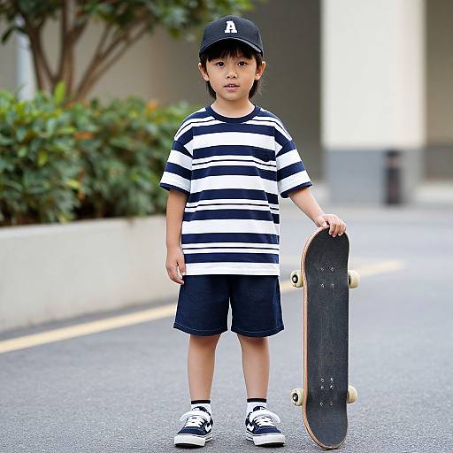 Photograph of an Asian boy with brown hair, wearing a black and white striped shirt, black shorts, cap, and sneakers, holding a skateboard on