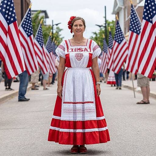 Photograph of a smiling woman in a red and white traditional Spanish dress, standing in a street parade with numerous American flags.