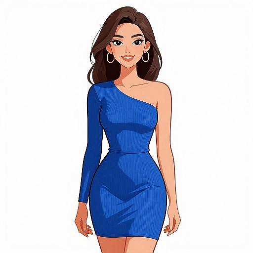 Digital illustration of a smiling woman with long brown hair, wearing a blue one-shoulder, form-fitting dress and large hoop earrings.