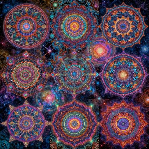Vibrant digital artwork featuring nine glowing, colorful mandalas with intricate patterns against a dark, starry space backdrop. Bright neon hues of purple