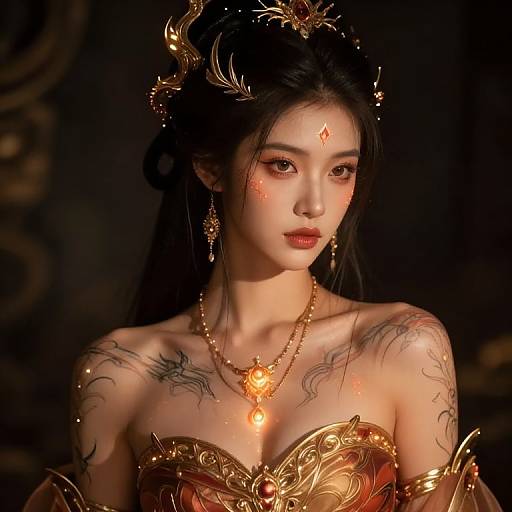 Digital fantasy portrait of an Asian woman with dark hair, red gem forehead mark, ornate gold jewelry, intricate tattoos, and glowing red necklace, set