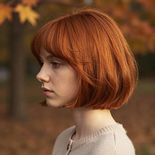 Photograph of a young woman with short, vibrant red hair, fair skin, and a serious expression, wearing a beige sweater, against a blurred autumn