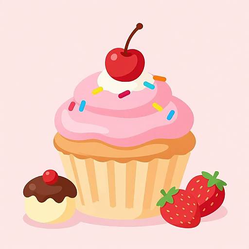 Colorful digital illustration of a pink frosting cupcake with cherry, rainbow sprinkles, and surrounded by a chocolate cupcake, cherry, and strawberry.