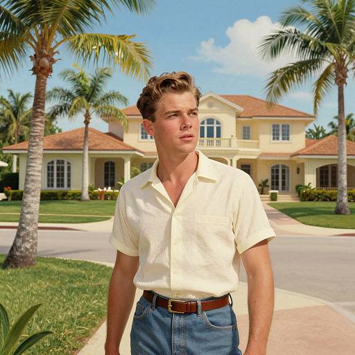 Photograph of a handsome young man with short brown hair, wearing a yellow button-up shirt and blue jeans, standing in front of a large, yellow