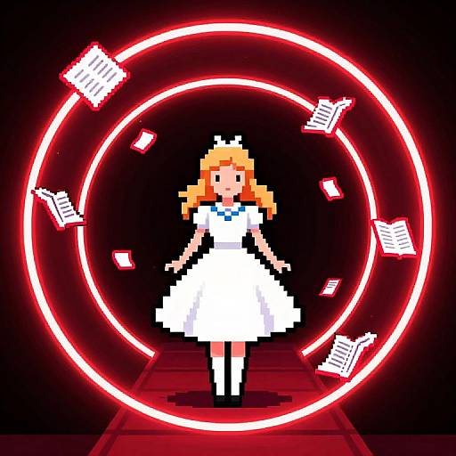 Pixel art of a blonde girl in a white dress, standing in a glowing red circular neon light, surrounded by floating papers.
