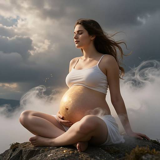 Pregnant woman in white tank top and skirt, sitting cross-legged on rocky outcrop, surrounded by mist, under dramatic cloudy sky. Digital art